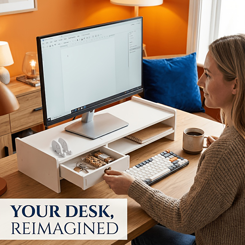 Desk Setup Home Office - Minimalistische witte PVC-monitorstandaard met opberglade, ergonomische
