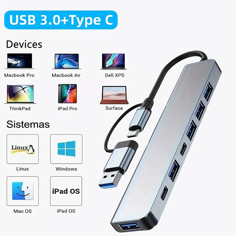 Desk Setup Usb Hub - 2-in-1 USB3.0 Hub 7-poorts Type-C Extender